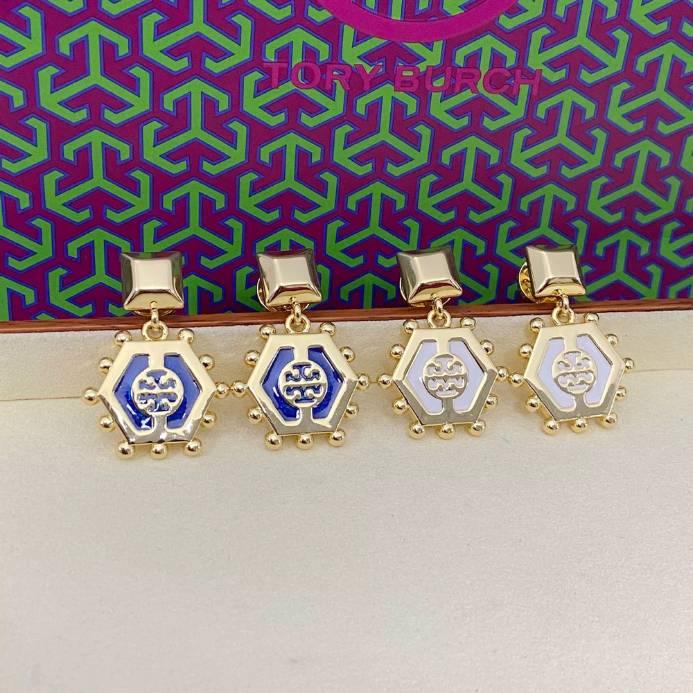 Tory Burch Hexagonal Enamel Inlay Metal Earrings